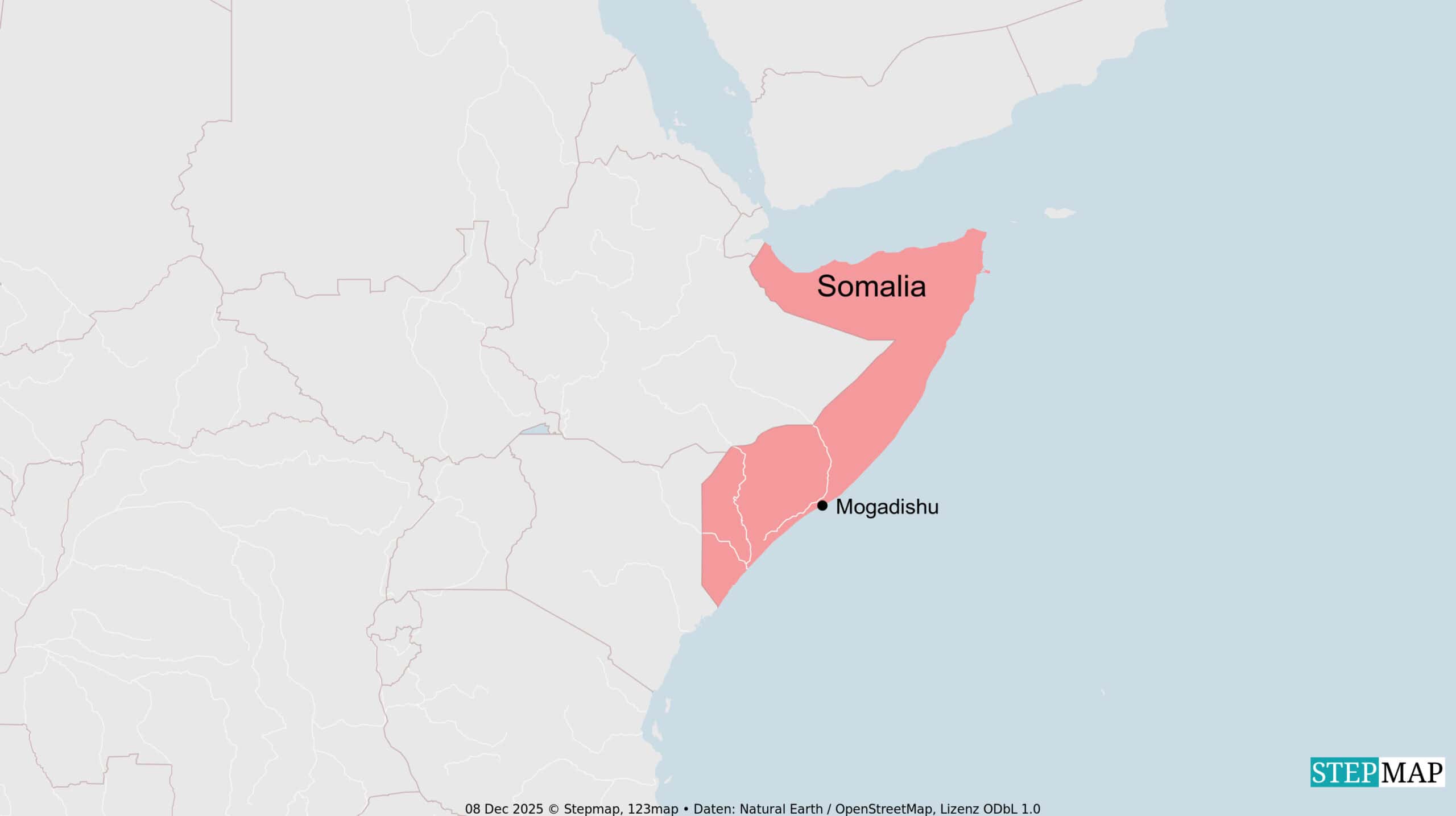 A stylized map of Somalia highlighting the capital city of Mogadishu, representing the designated pilot deployment region for the AquaSom Solutions solar-powered desalination project